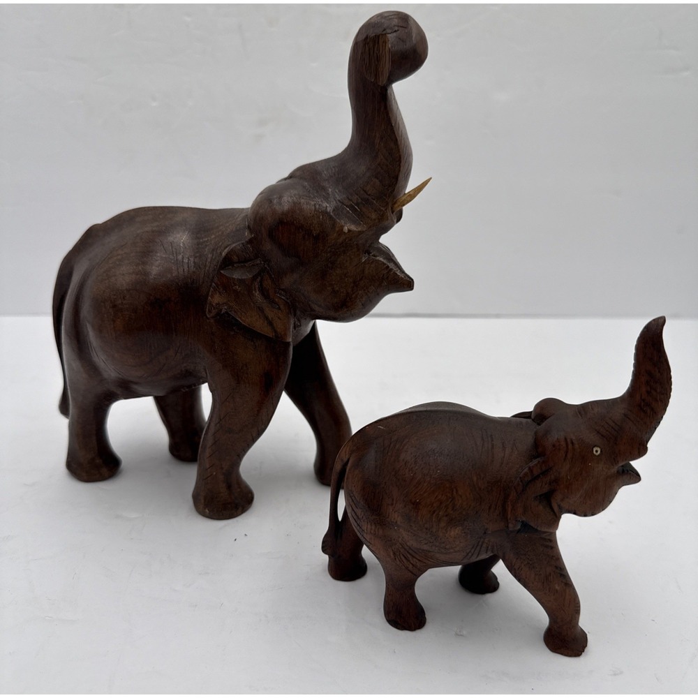 Vtg Hand Crafted carved, Dark Wood Elephant Statue Sculpture Mom & Baby Lot Of 2